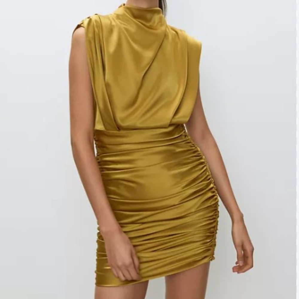 Babaton Gold Satin Ruched Mini Dress